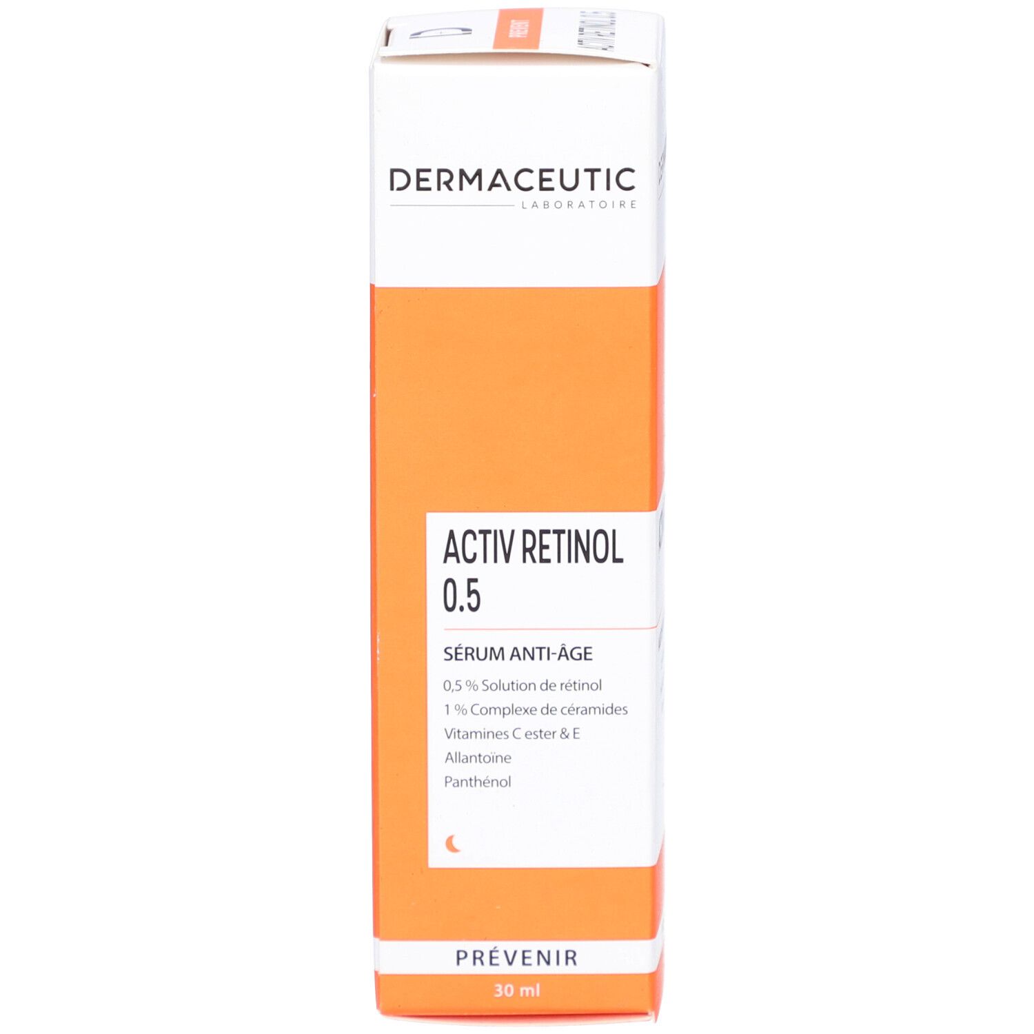 Kartonverpackung. Activ Retinol 0.5, Age Defense Serum, Dermaceutic. Orange-weißes Design.