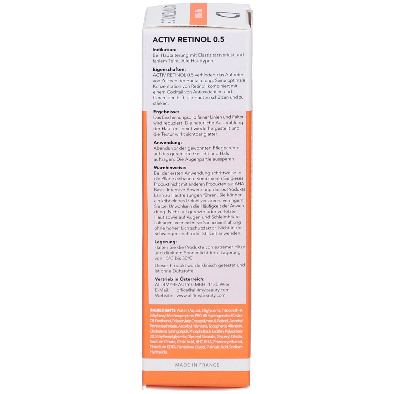 Seitenansicht der Verpackung. Text in Deutsch. Informationen zum Produkt und Hersteller.