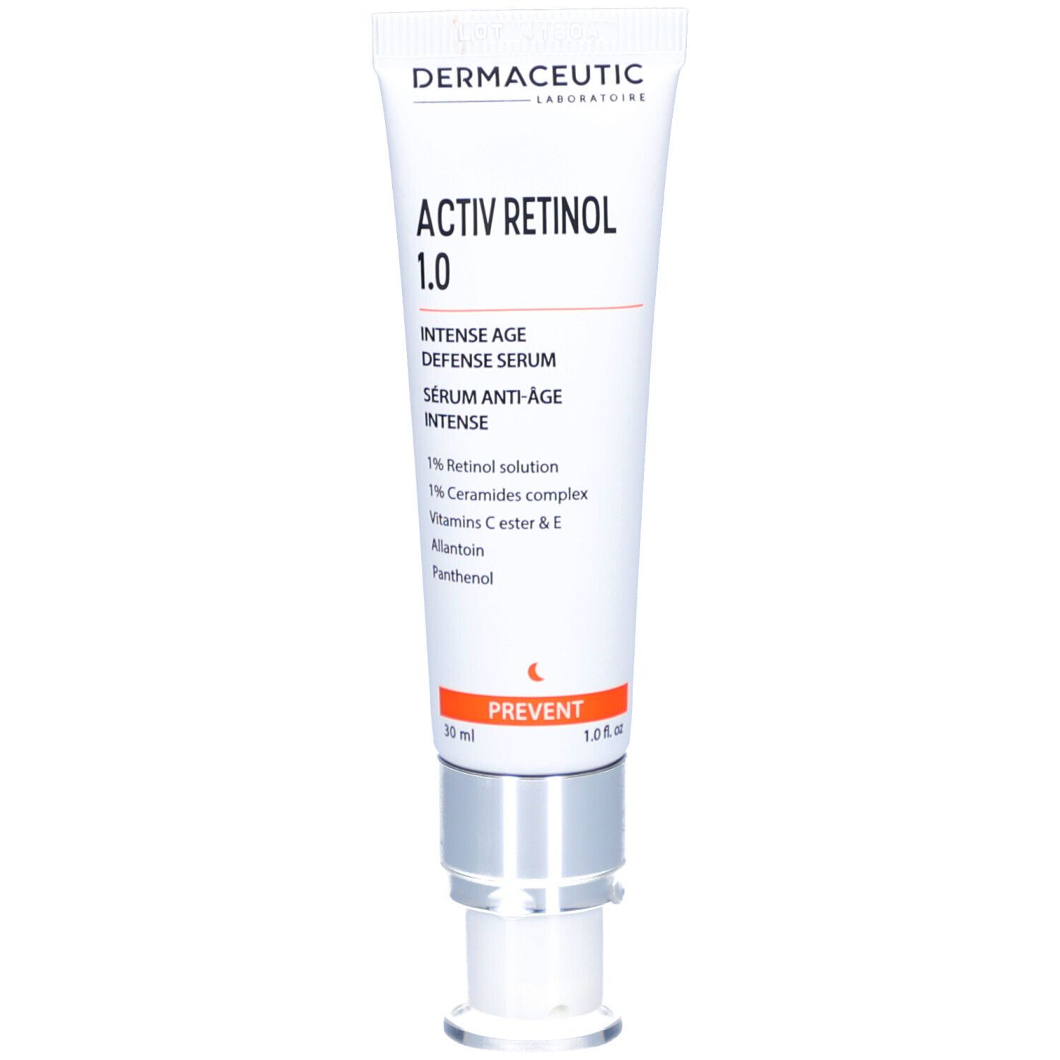 Weiße Tube mit silberner Kappe. Aufschrift: Dermaceutic Activ Retinol 1.0 Intense Serum. Enthält 1% Retinol. Mit Dosierpumpe.