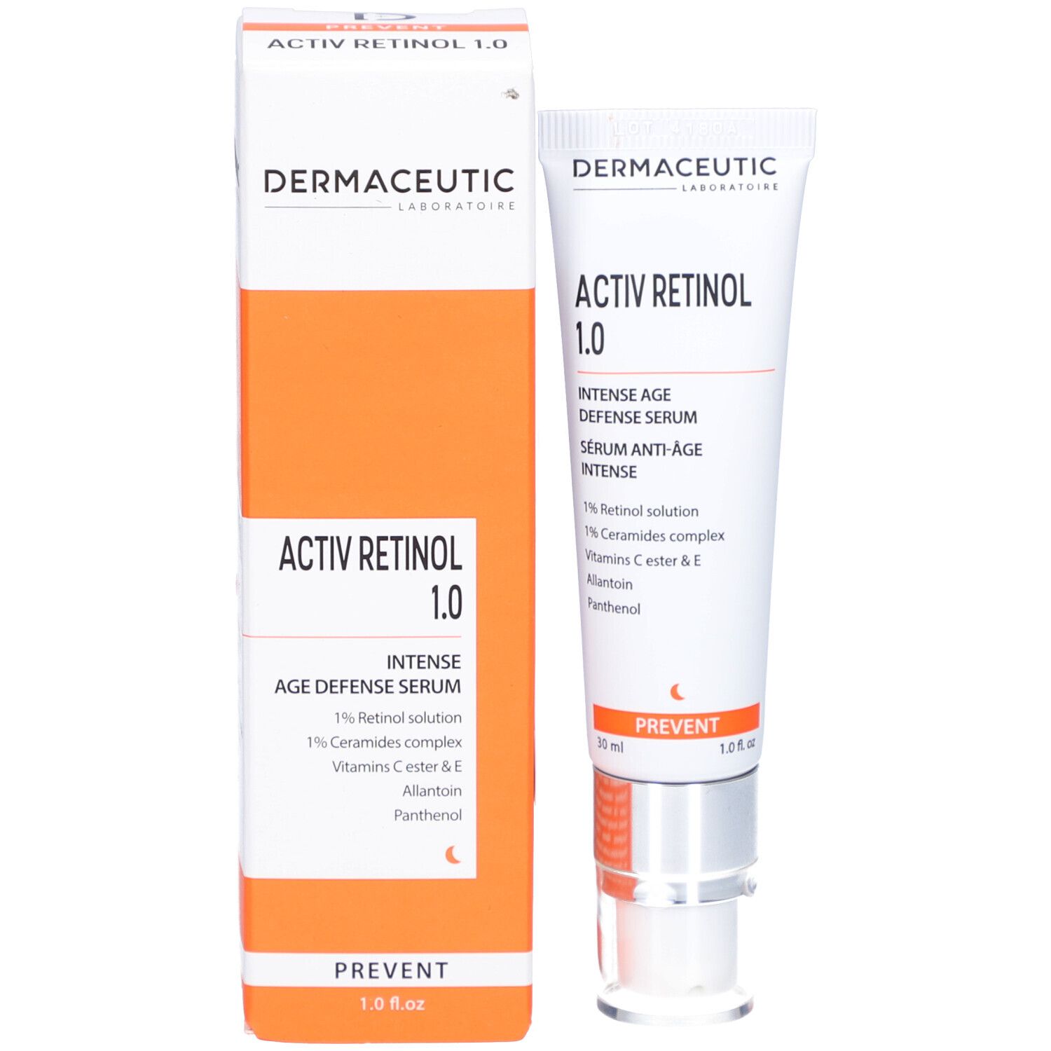 Produktverpackung und Tube. Aufschrift: Dermaceutic Activ Retinol 1.0 Intense Serum. Weiße Tube mit silberner Kappe.