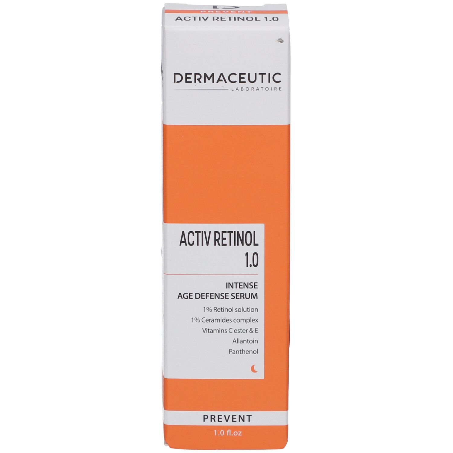 Aufrechte Produktverpackung. Aufschrift: Dermaceutic Activ Retinol 1.0 Intense Serum. Orange-weiße Farbgebung.