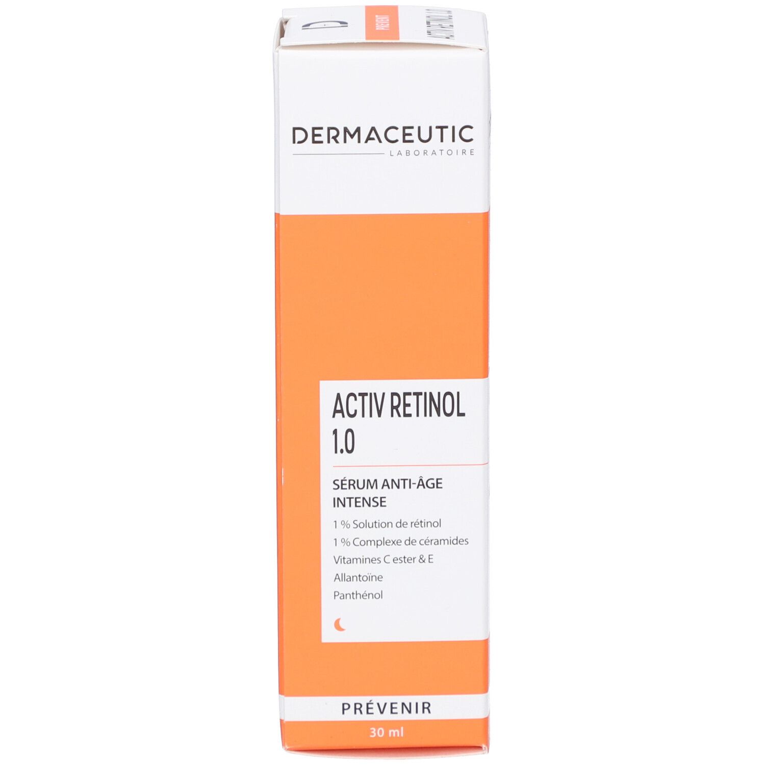Produktverpackung. Aufschrift: Dermaceutic Activ Retinol 1.0 Intense Serum. Orange-weiße Farbgebung. Mit Dosierpumpe.