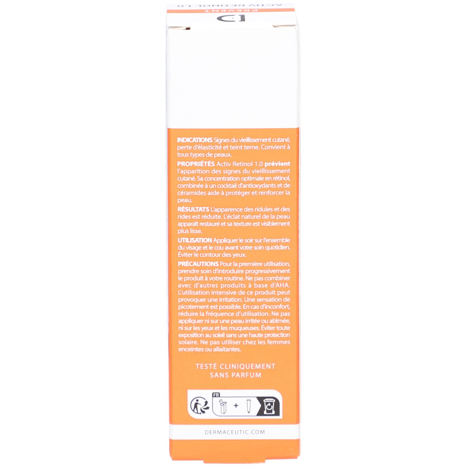 Rückseite der Produktverpackung. Enthält Informationen zu Eigenschaften, Anwendung und Vorsichtsmaßnahmen. Orange-weiße Farbgebung.