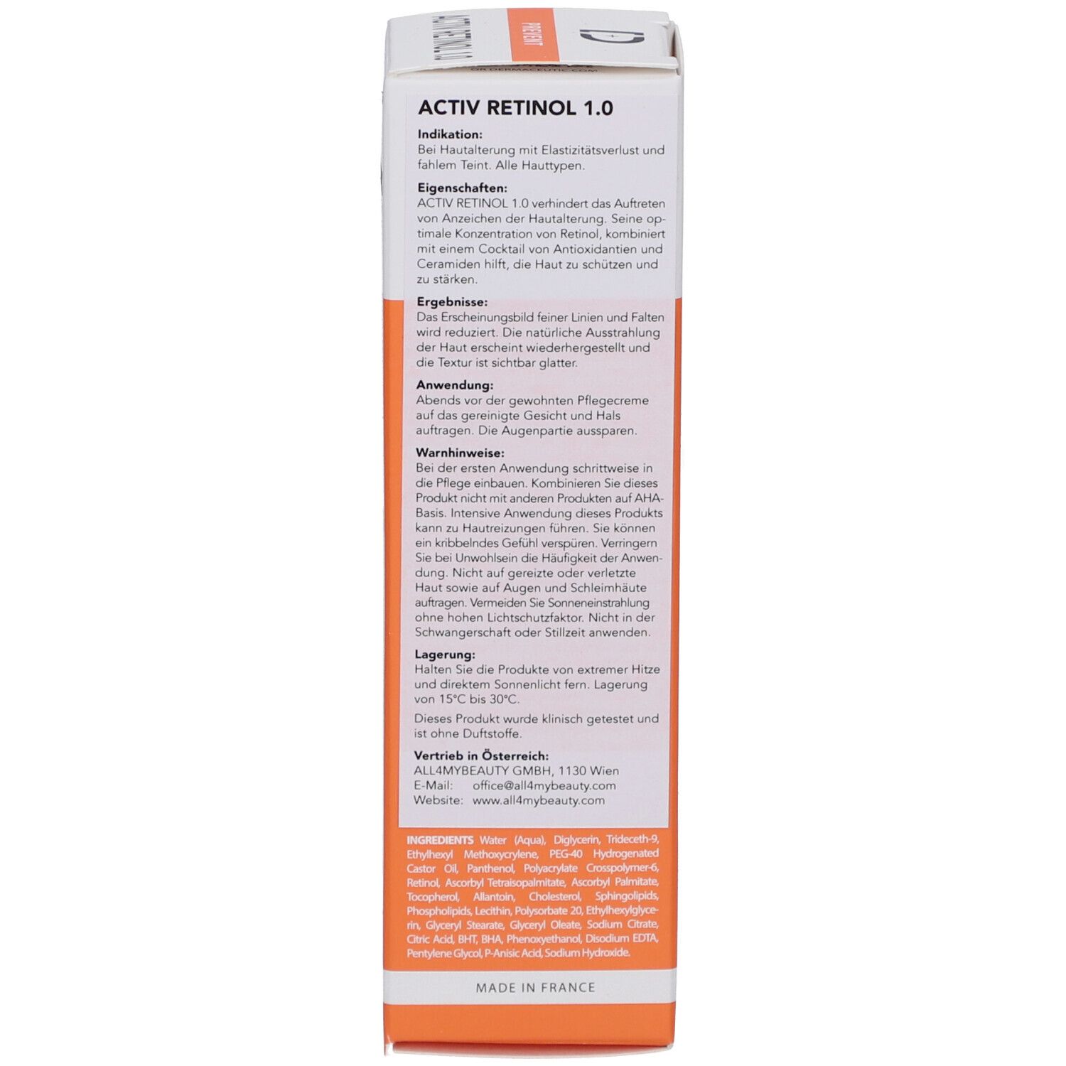 Seite der Produktverpackung. Enthält Informationen zu Indikationen, Eigenschaften, Anwendung und Lagerung. Orange-weiße Farbgebung.