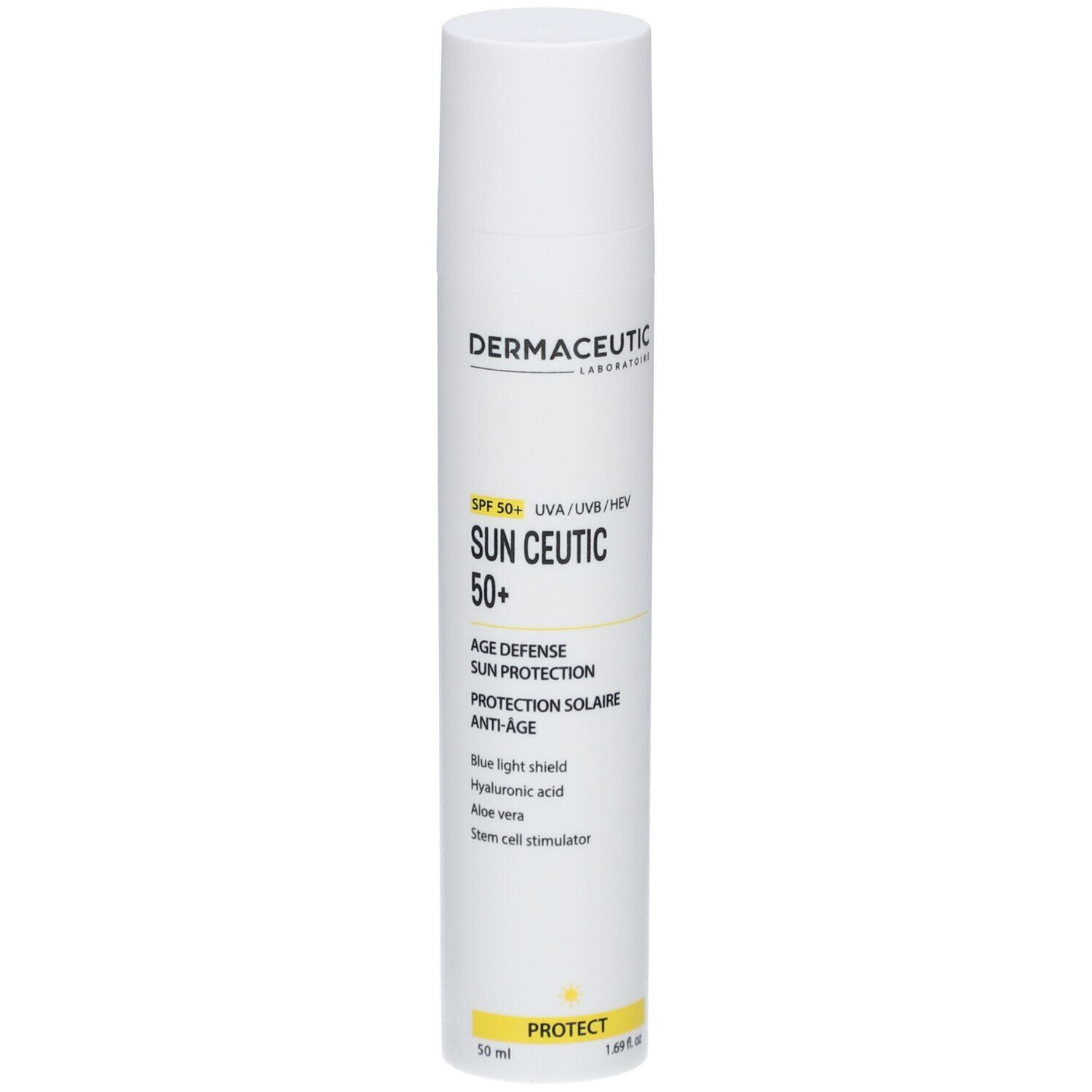 Weiße Tube mit gelben Akzenten. Aufschrift: Dermaceutic Sun Ceutic 50+. Sonnenschutz für das Gesicht.