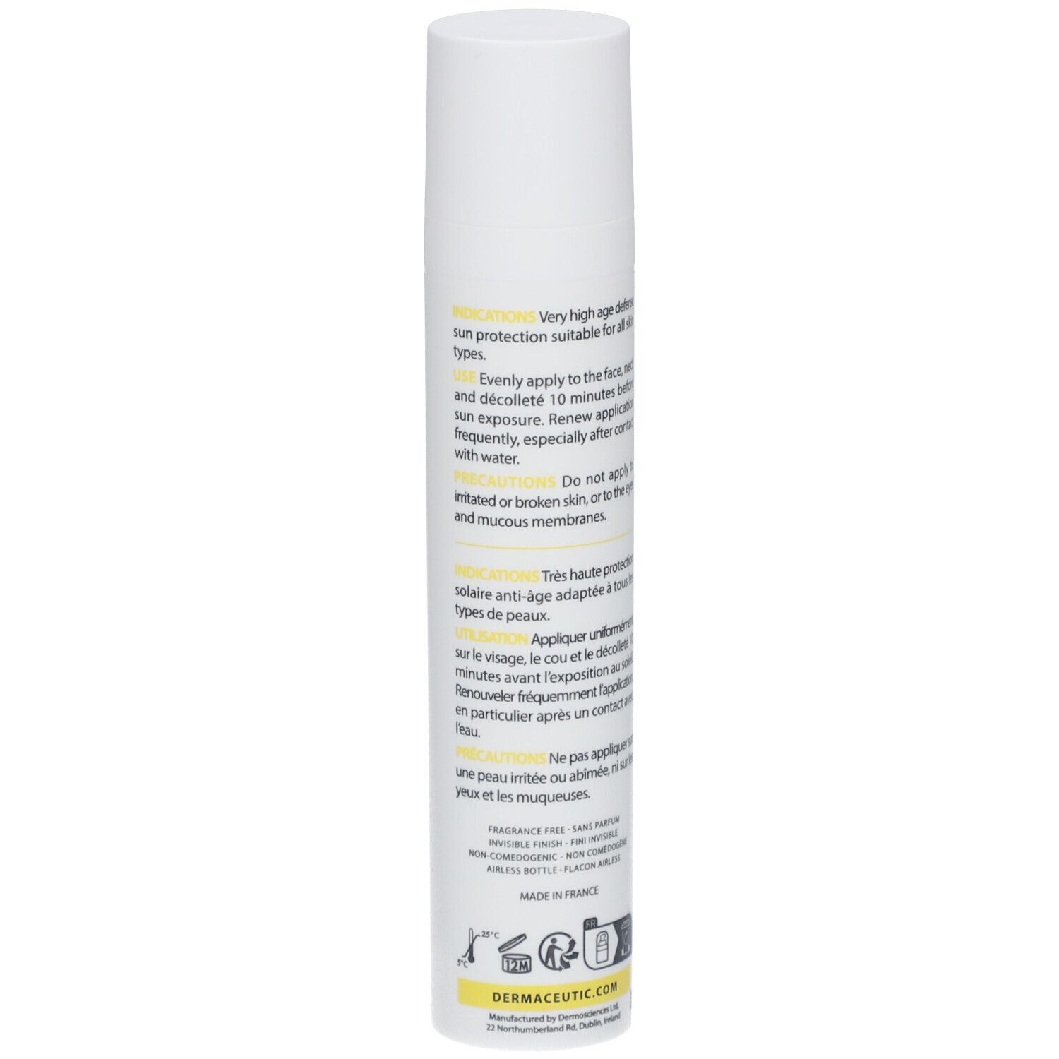 Weiße Tube mit Text. Aufschrift: Dermaceutic Sun Ceutic 50+. Text über Anwendung und Inhaltsstoffe.