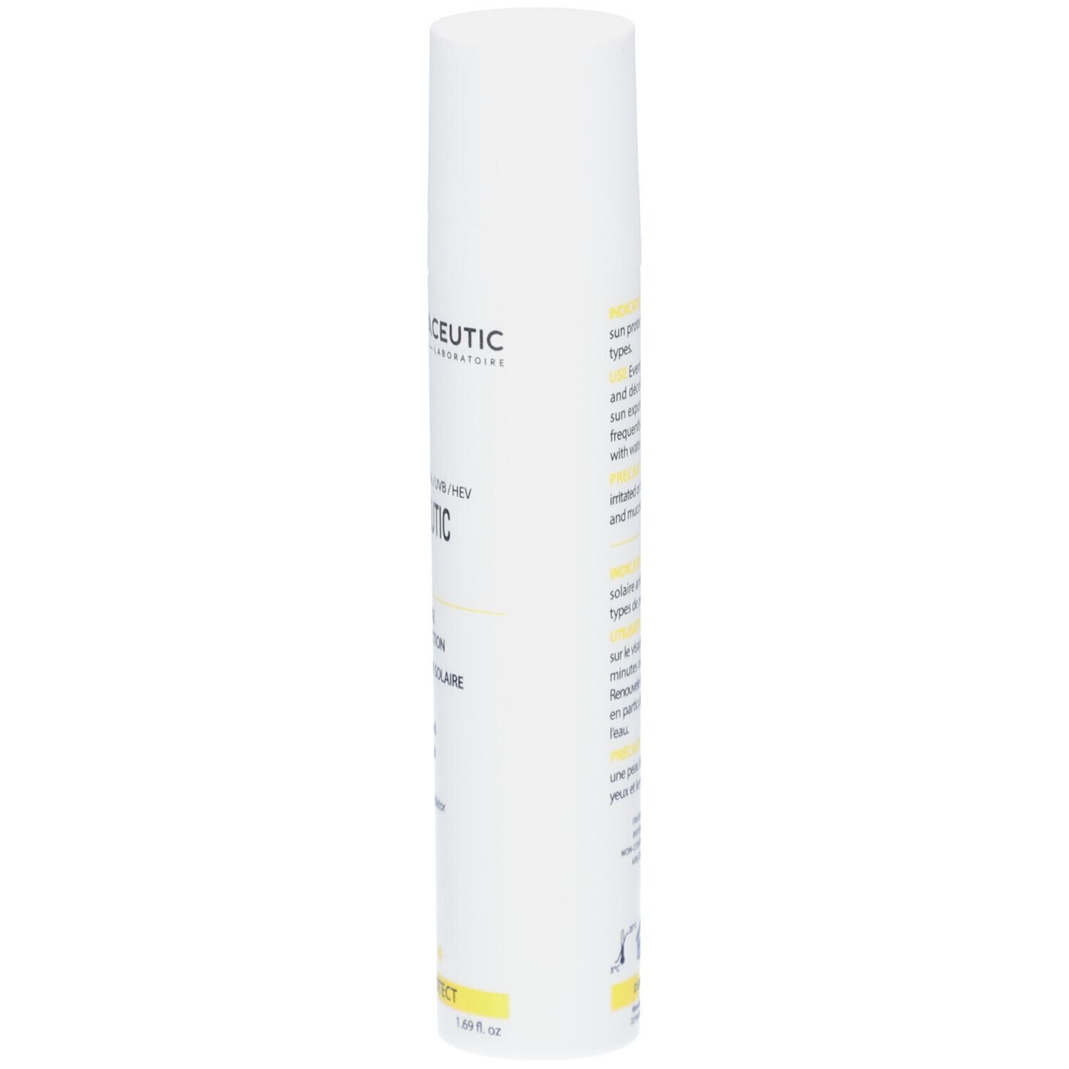 Weiße Tube mit Text. Aufschrift: Dermaceutic Sun Ceutic 50+. Text über Anwendung und Inhaltsstoffe.