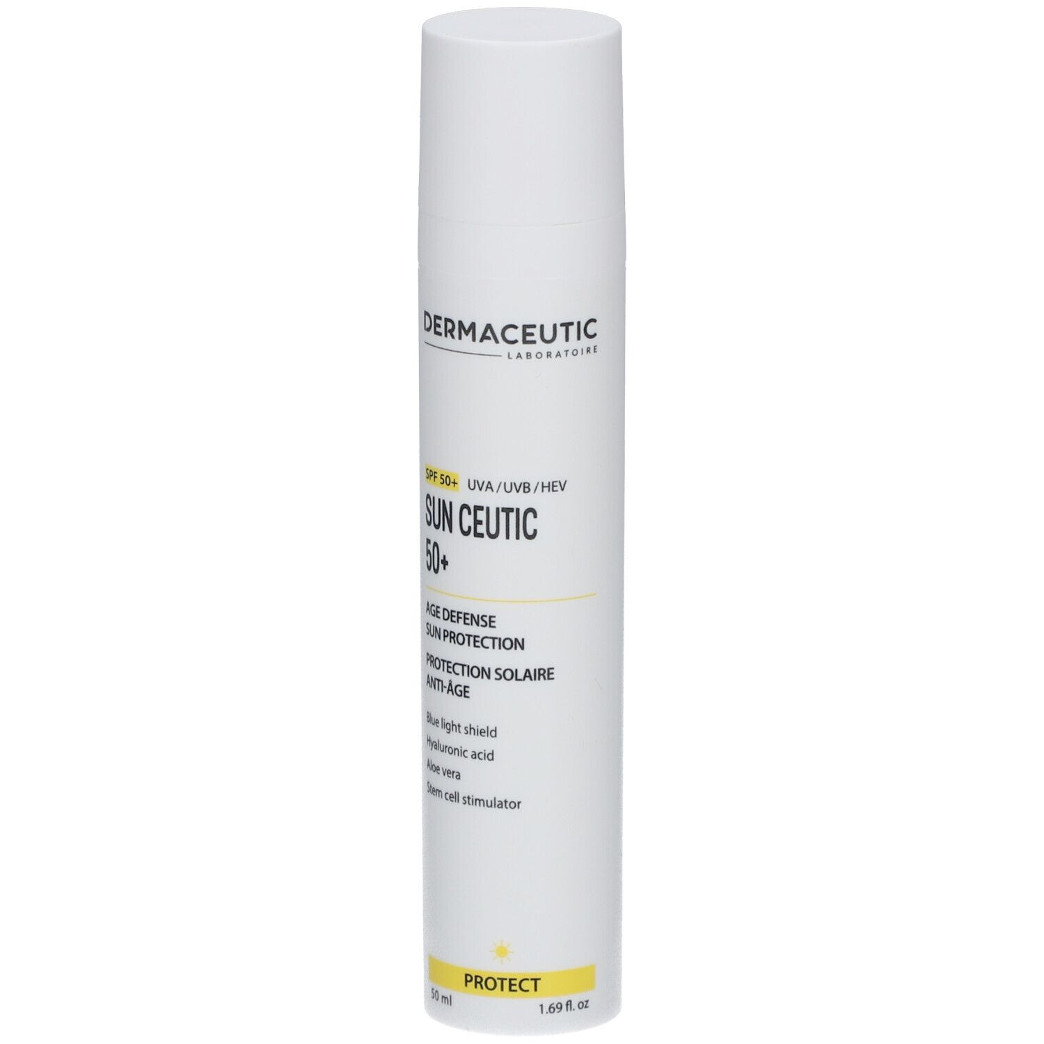 Weiße Tube mit gelben Akzenten. Aufschrift: Dermaceutic Sun Ceutic 50+. Sonnenschutz für das Gesicht.