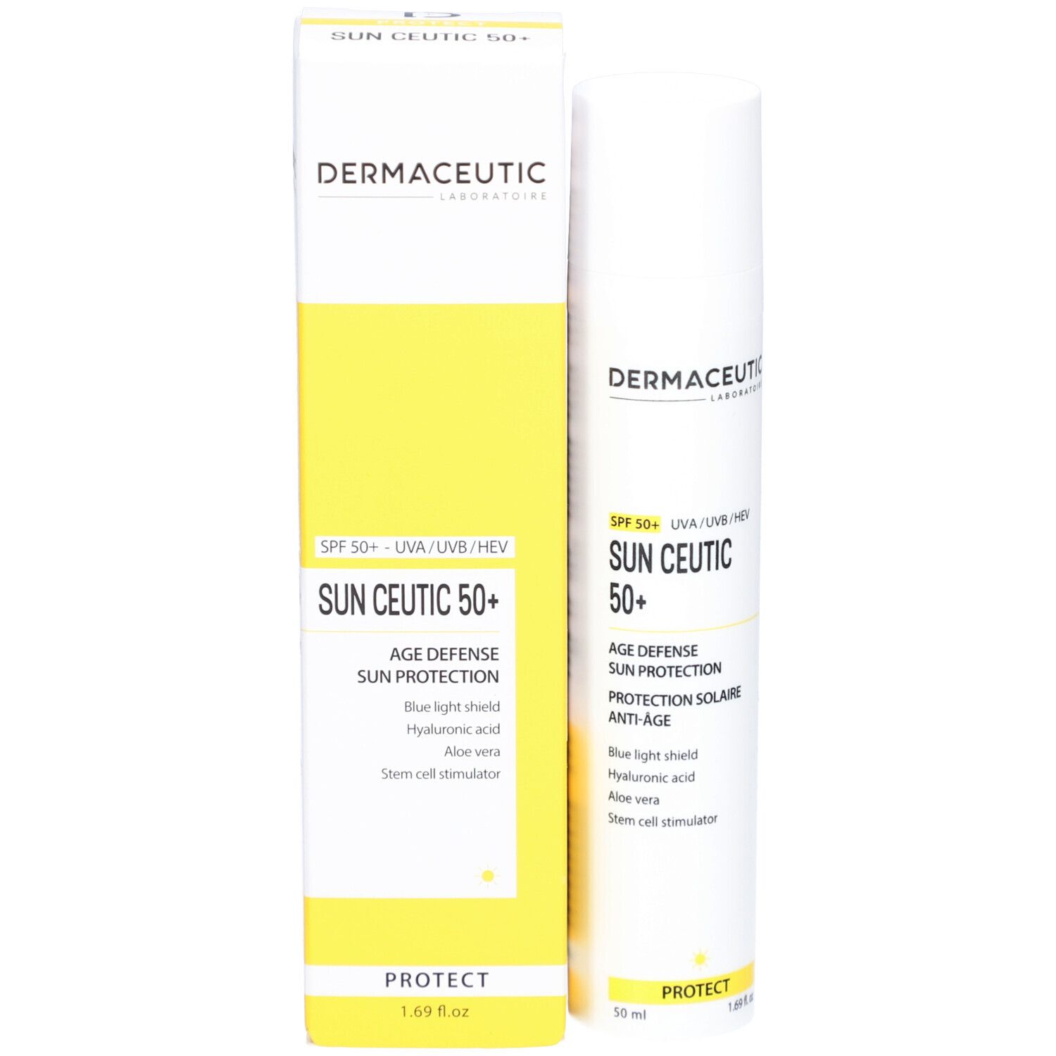 Produktverpackung: Tube und Schachtel. Aufschrift: Dermaceutic Sun Ceutic 50+. Sonnenschutz für das Gesicht.