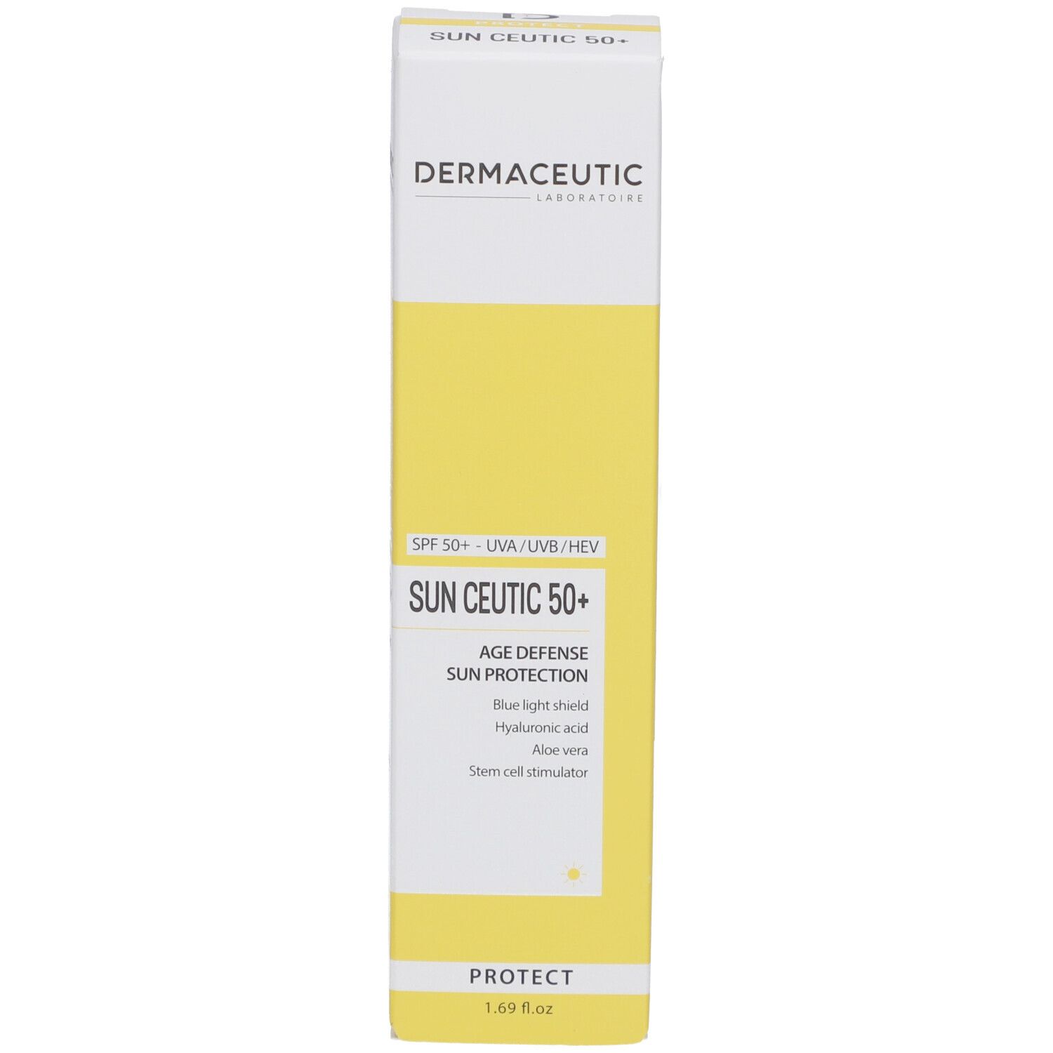 Produktverpackung: Schachtel. Aufschrift: Dermaceutic Sun Ceutic 50+. Sonnenschutz für das Gesicht.