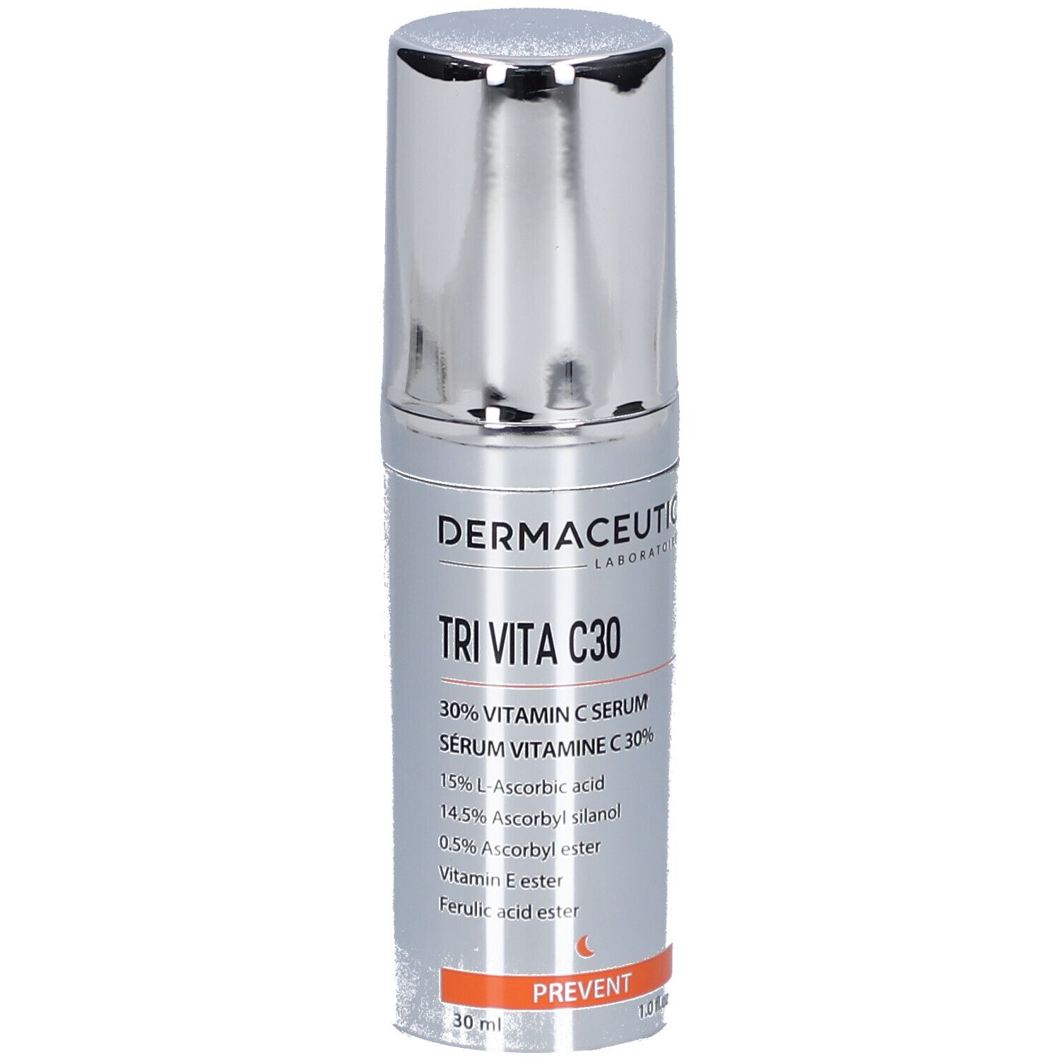 Silberne Flasche mit silbernem Deckel. Aufschrift: Tri Vita C30, 30% Vitamin C Serum. Orangefarbener Streifen mit Aufschrift: PREVENT.