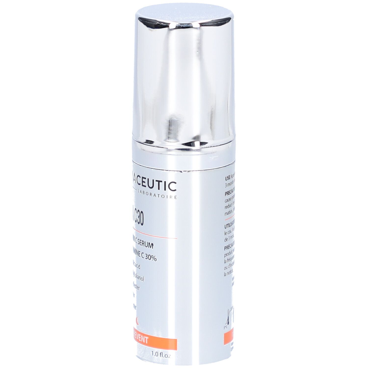 Silberne Flasche mit silbernem Deckel. Aufschrift: Tri Vita C30, 30% Vitamin C Serum. Orangefarbener Streifen mit Aufschrift: PREVENT.