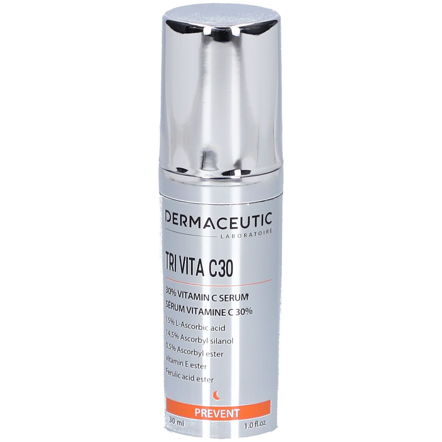 Silberne Flasche mit silbernem Deckel. Aufschrift: Tri Vita C30, 30% Vitamin C Serum. Orangefarbener Streifen mit Aufschrift: PREVENT.