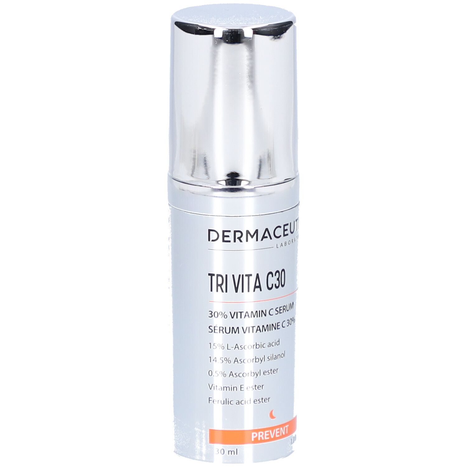 Silberne Flasche mit silbernem Deckel. Aufschrift: Tri Vita C30, 30% Vitamin C Serum. Orangefarbener Streifen mit Aufschrift: PREVENT.