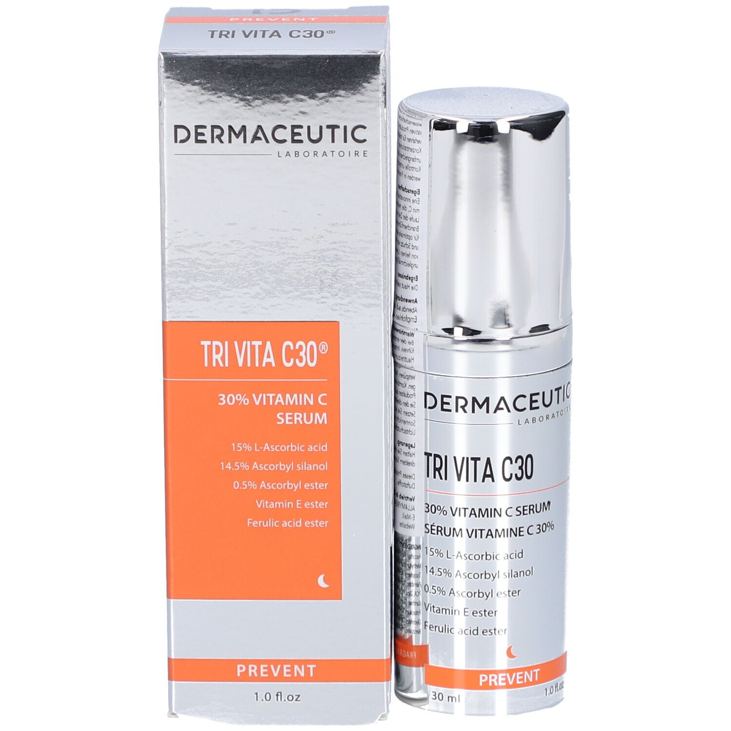 Produktverpackung mit Flasche und Schachtel. Aufschrift: Tri Vita C30, 30% Vitamin C Serum. Orangefarbener Streifen mit PREVENT.