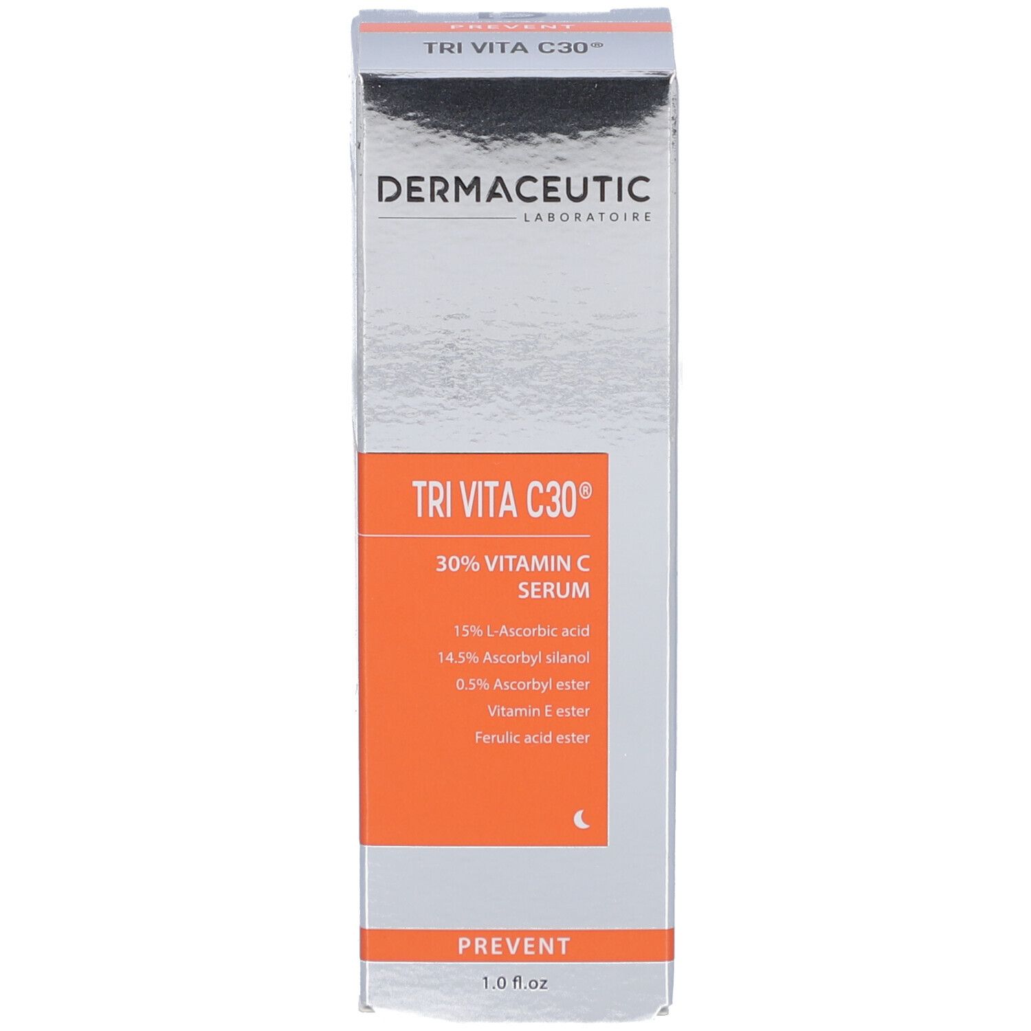 Produktverpackung mit Schachtel. Aufschrift: Tri Vita C30, 30% Vitamin C Serum. Orangefarbener Streifen mit PREVENT.