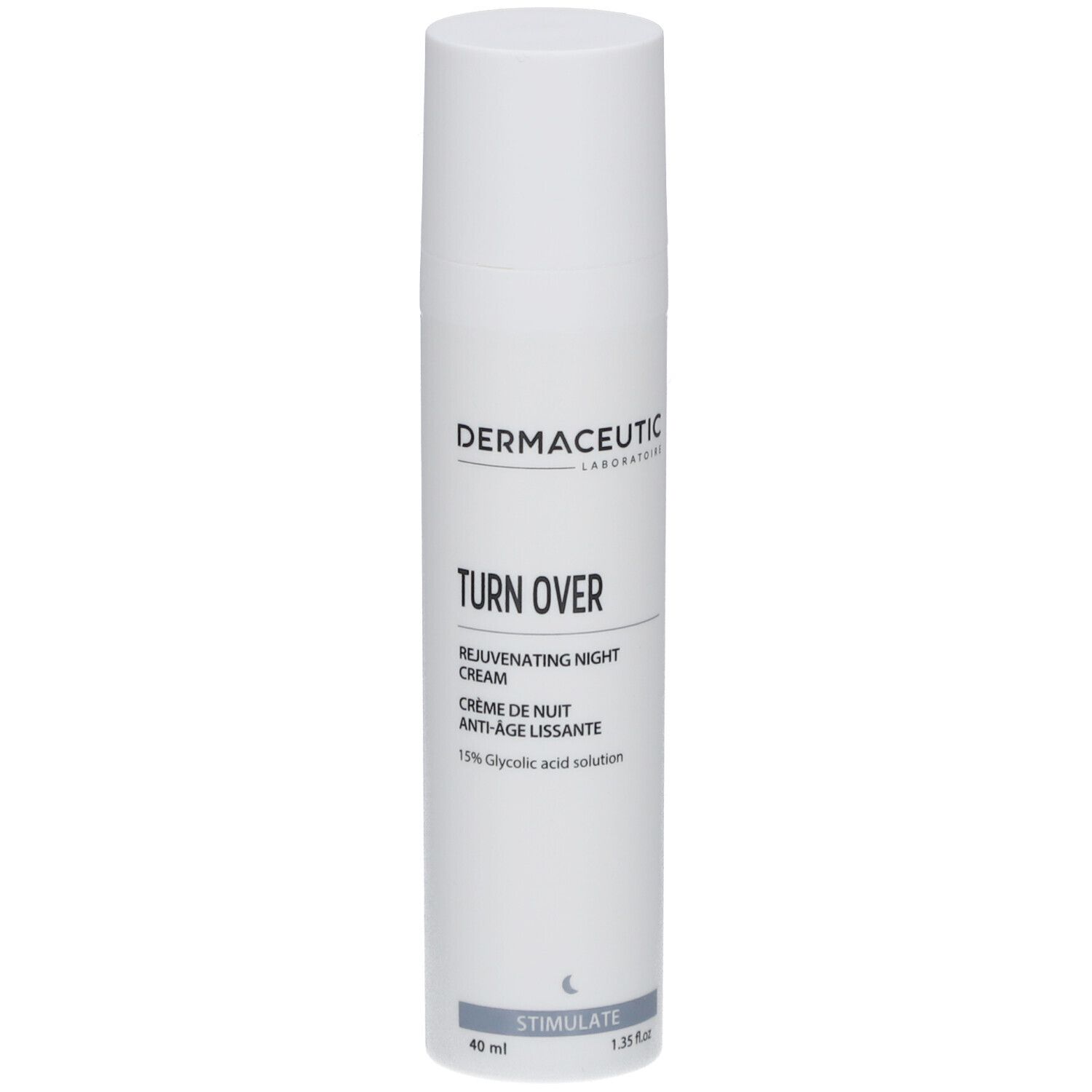Weiße Flasche mit Produktaufschrift. Dermaceutic Turn Over Nachtcreme. 40 ml. 1,35 fl.oz.