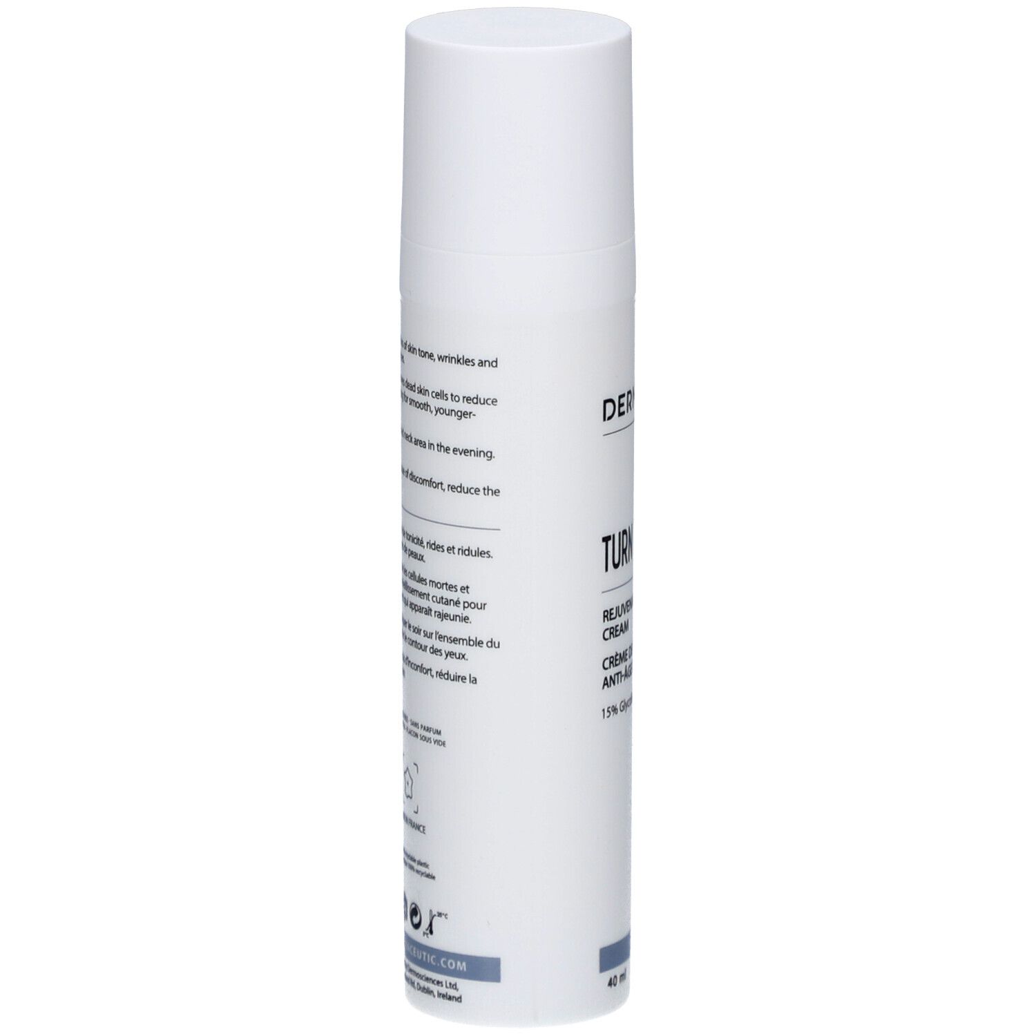 Weiße Flasche mit Produktinformationen. Dermaceutic Turn Over Nachtcreme. Text in Englisch und Französisch.