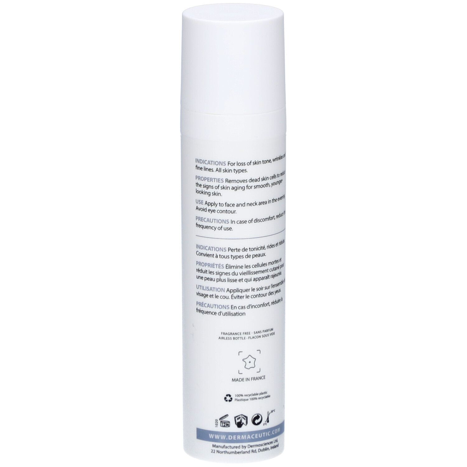 Weiße Flasche mit Produktinformationen. Dermaceutic Turn Over Nachtcreme. Text in Englisch und Französisch.