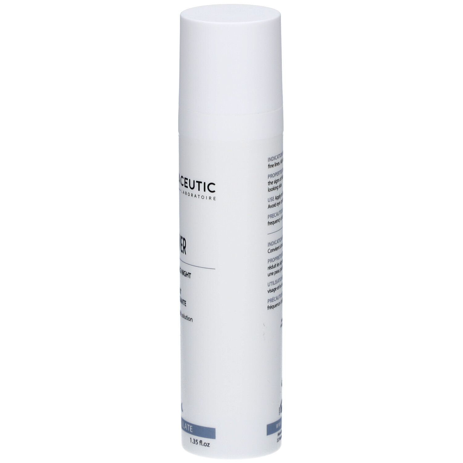 Weiße Flasche mit Produktaufschrift. Dermaceutic Turn Over Nachtcreme. 40 ml. 1,35 fl.oz.