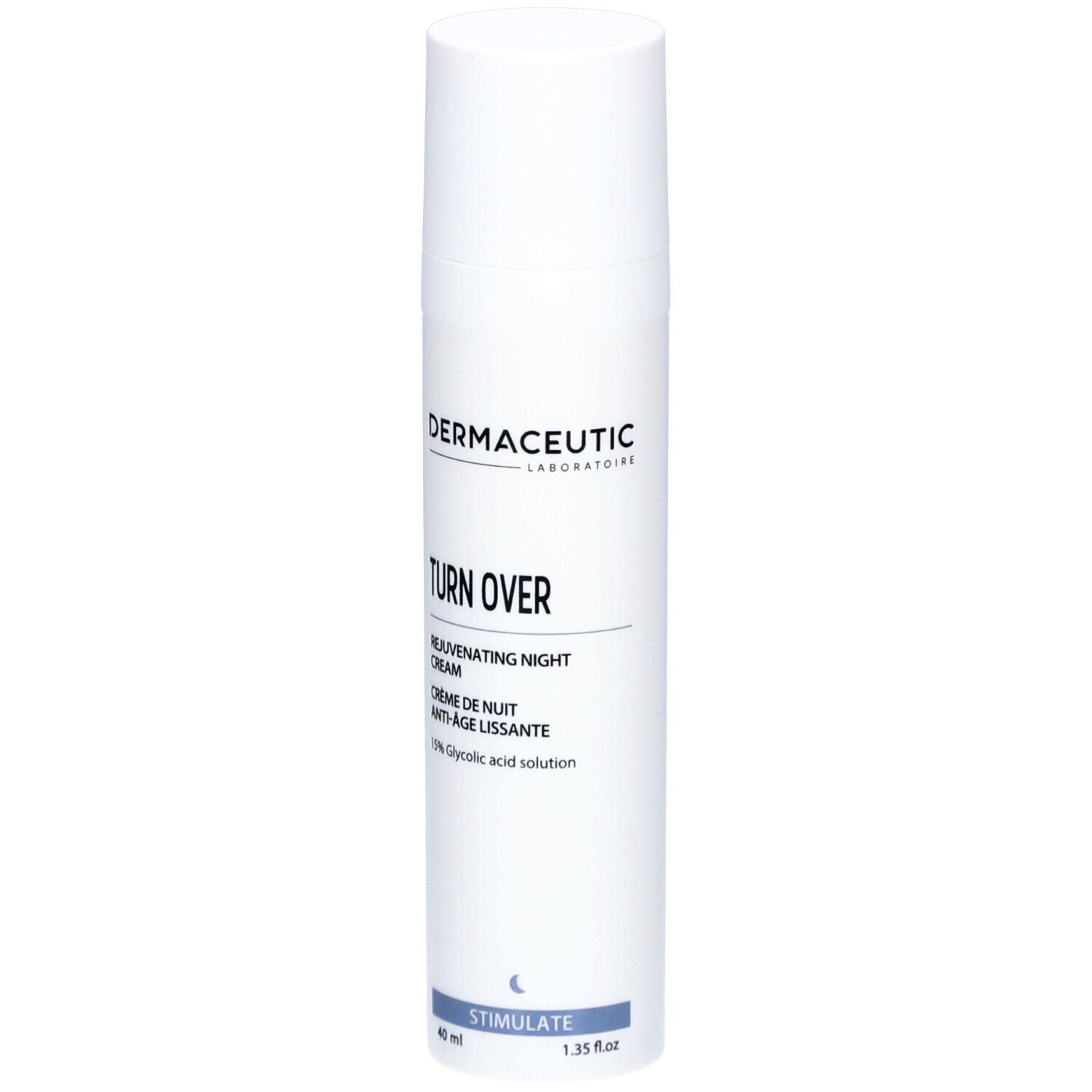 Weiße Flasche mit Produktaufschrift. Dermaceutic Turn Over Nachtcreme. 40 ml. 1,35 fl.oz.