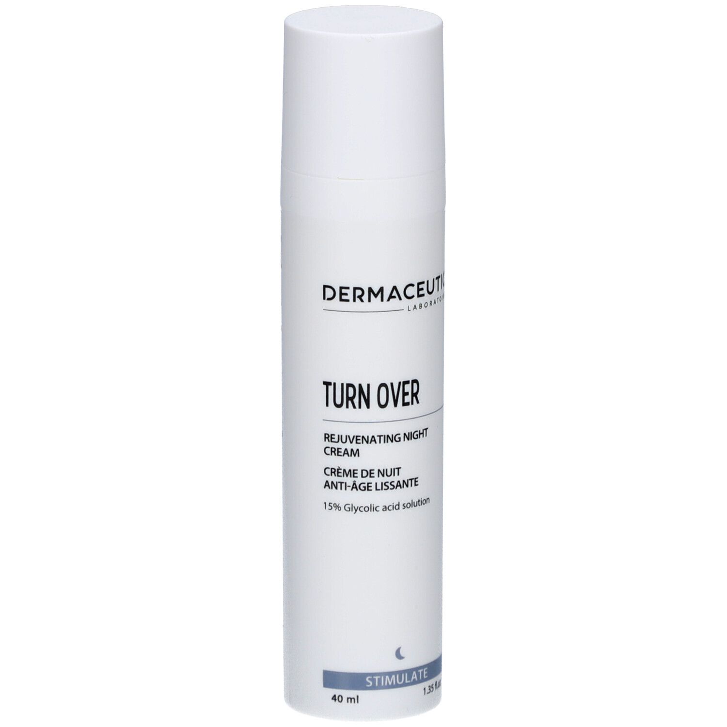Weiße Flasche mit Produktaufschrift. Dermaceutic Turn Over Nachtcreme. 40 ml. 1,35 fl.oz.