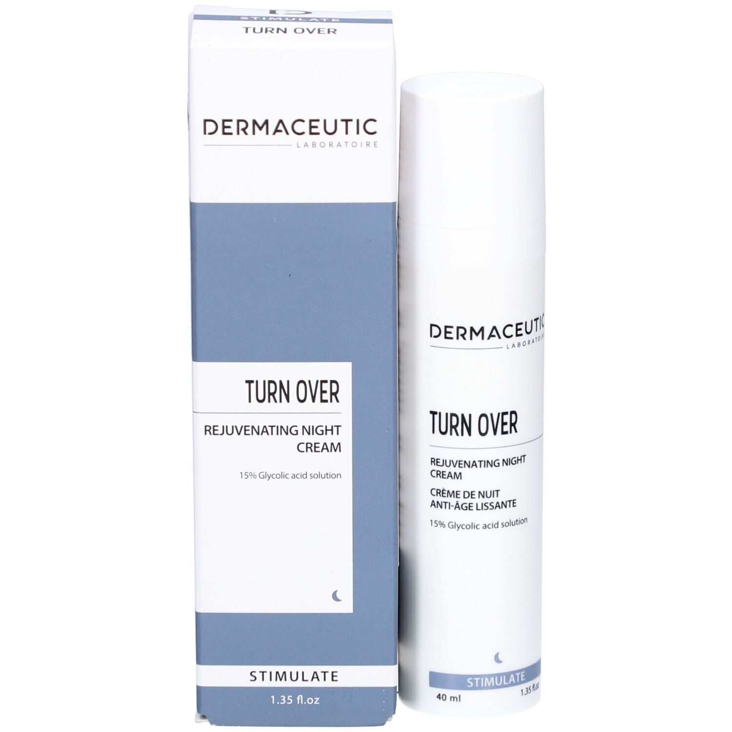 Produktverpackung und Flasche. Dermaceutic Turn Over Nachtcreme. 40 ml. 1,35 fl.oz.