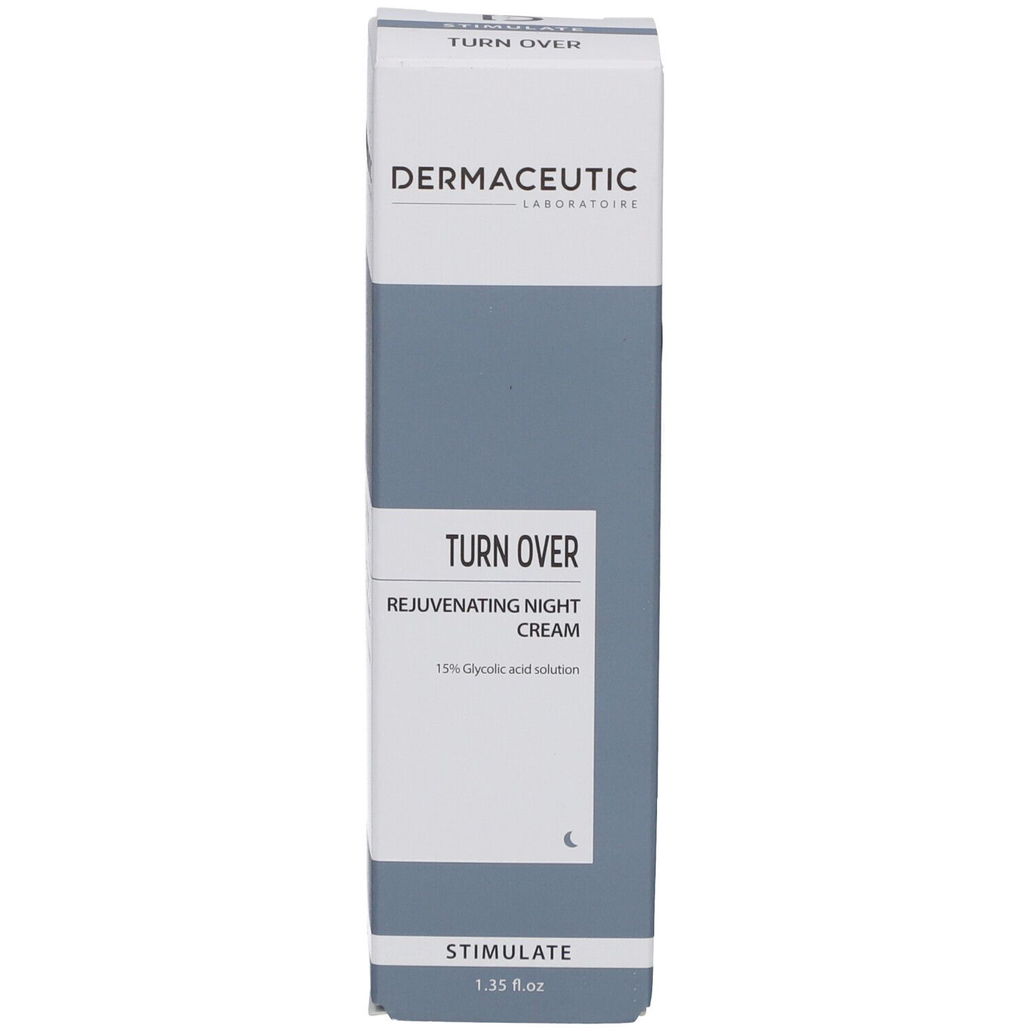 Produktverpackung. Dermaceutic Turn Over Nachtcreme. Text in Englisch und Französisch.