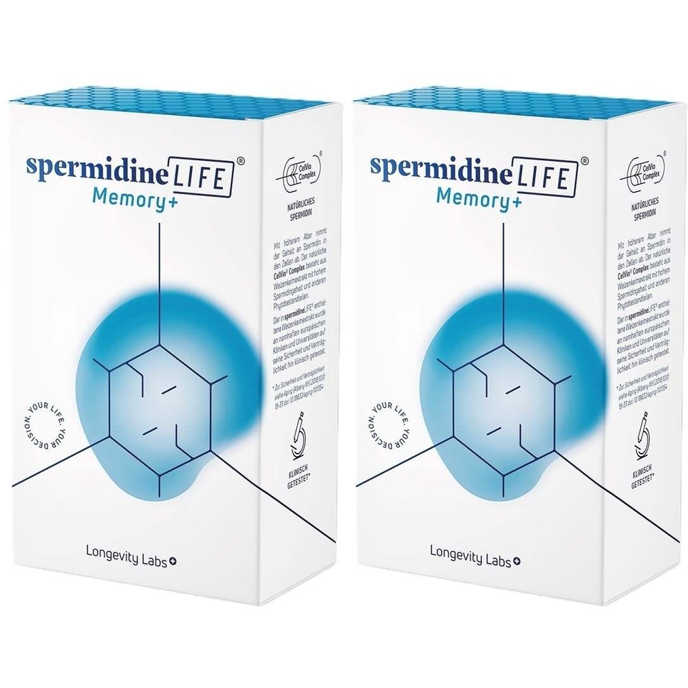Zwei weiße Kartons mit "spermidineLIFE Memory+" Aufdruck. Blaue Grafik mit sechseckigem Muster. Longevity Labs Logo.