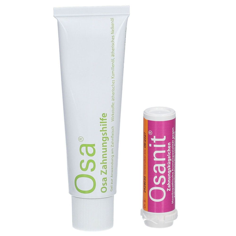 Zwei Produkte: Eine Tube mit "Osa Zahnungshilfe" und eine kleine zylindrische Packung mit "Osanit Zahnungskügelchen".