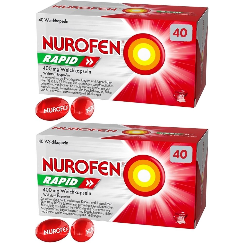 Zwei Schachteln Nurofen Rapid 400 mg Weichkapseln. Jede Schachtel enthält 40 Kapseln. Rote Kapseln liegen daneben.
