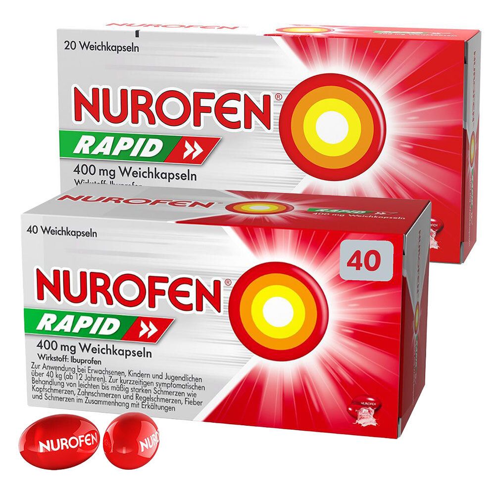 Zwei Schachteln Nurofen Rapid 400 mg Weichkapseln. Rote und weiße Verpackung mit Produktnamen und Dosierung. Zwei Kapseln liegen daneben.