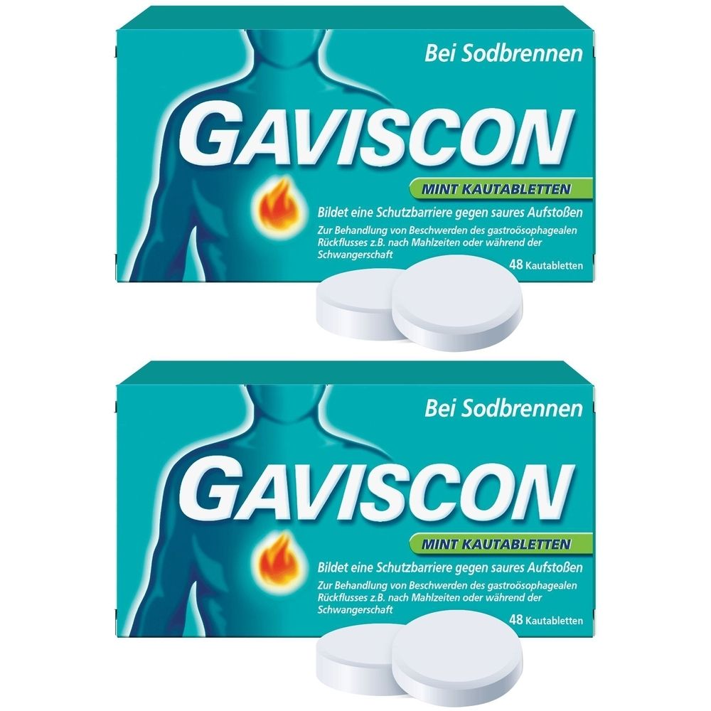 Zwei Packungen GAVISCON Mint Kautabletten. Türkis-weiße Verpackung mit Produktnamen und Abbildung eines brennenden Magens. Zwei Tabletten liegen davor.