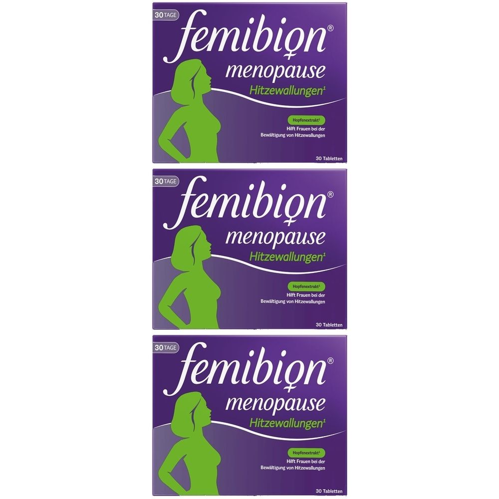 Drei Packungen Femibion Menopause Hitzewallungen. Lila Verpackung mit grüner Silhouette einer Frau.