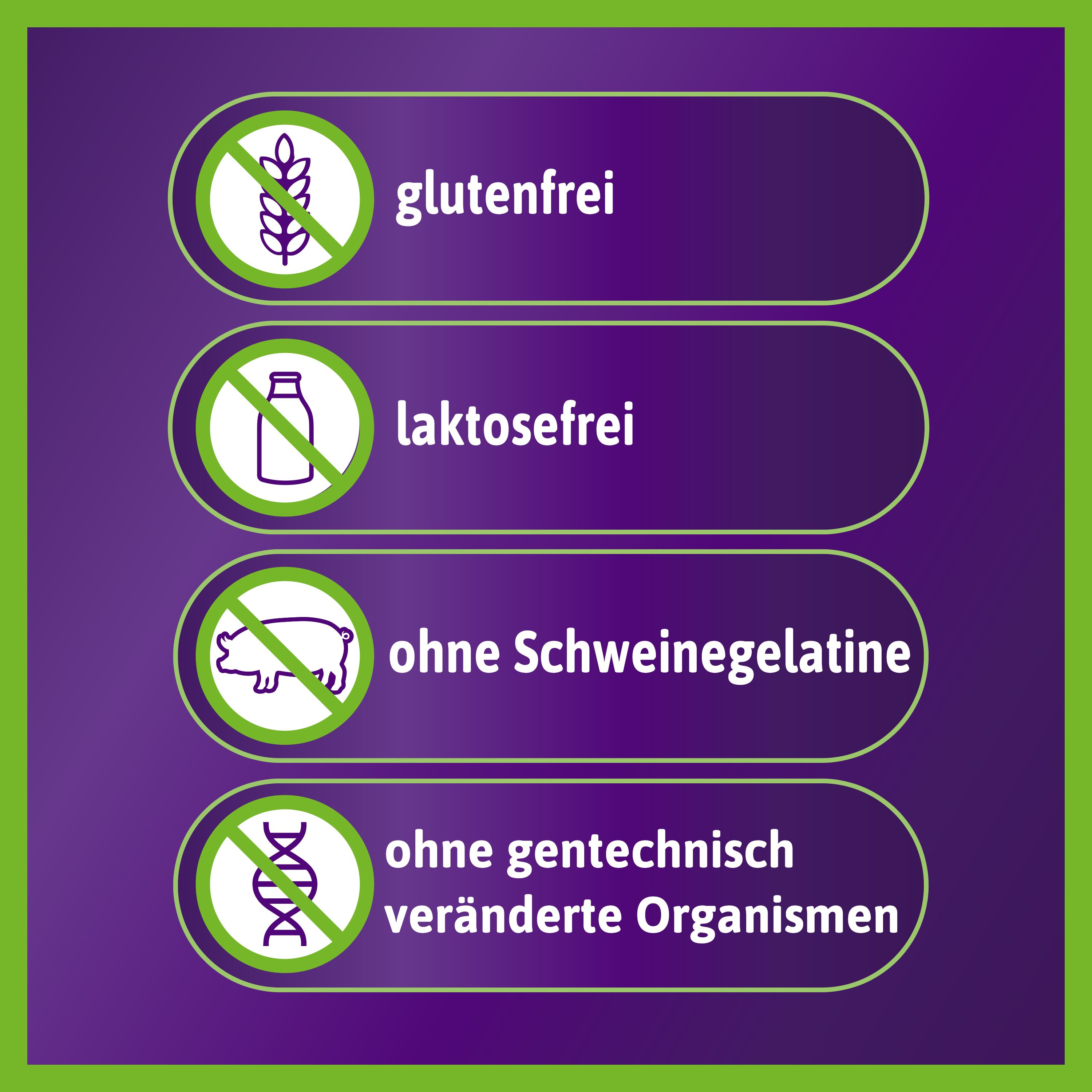 Symbole: glutenfrei, laktosefrei, ohne Schweinegelatine, ohne gentechnisch veränderte Organismen.