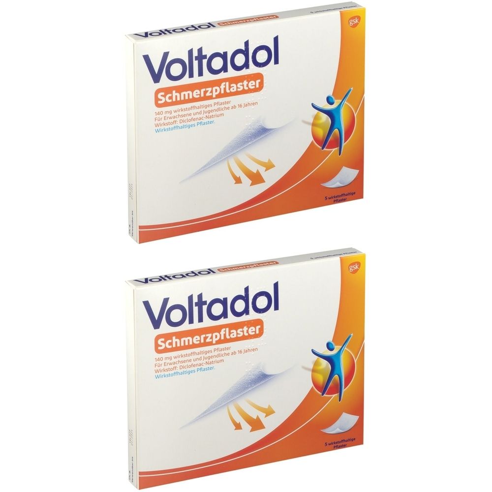 Zwei Packungen Voltadol Schmerzpflaster. Weiße Verpackung mit orangefarbenem Design und Produktnamen. Abbildung einer Person.