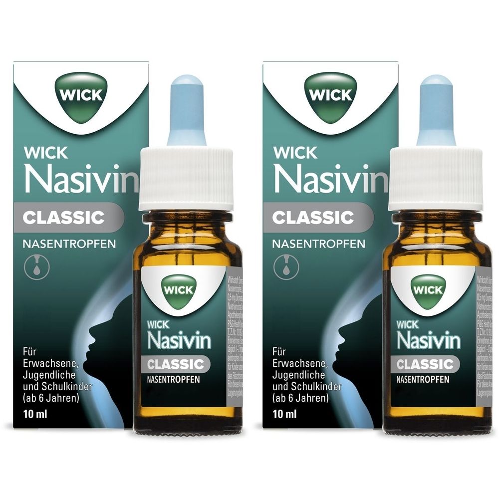 Zwei Flaschen mit Nasentropfen und Verpackung. Auf der Verpackung steht "WICK Nasivin Classic".