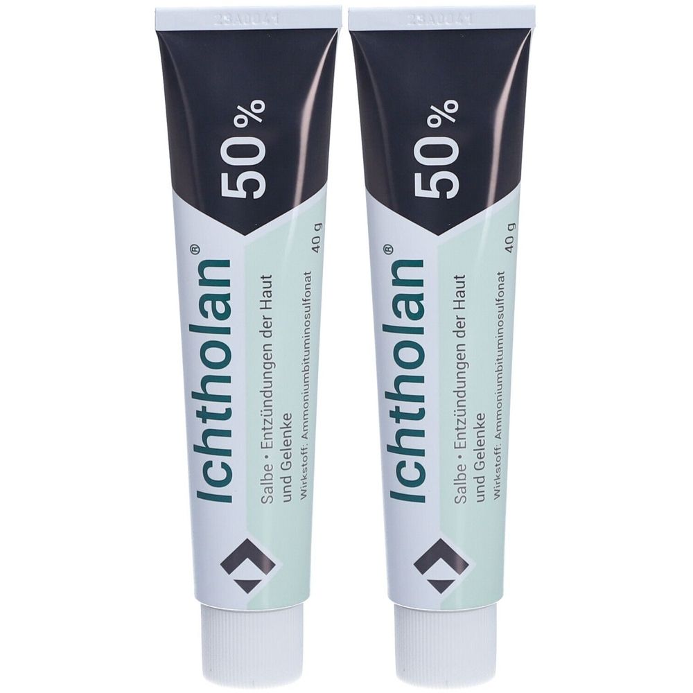 Zwei Tuben Ichtholan 50% Salbe. Schwarzer Schriftzug auf weißem Grund. Enthält Ammoniumbituminosulfonat. 40g.