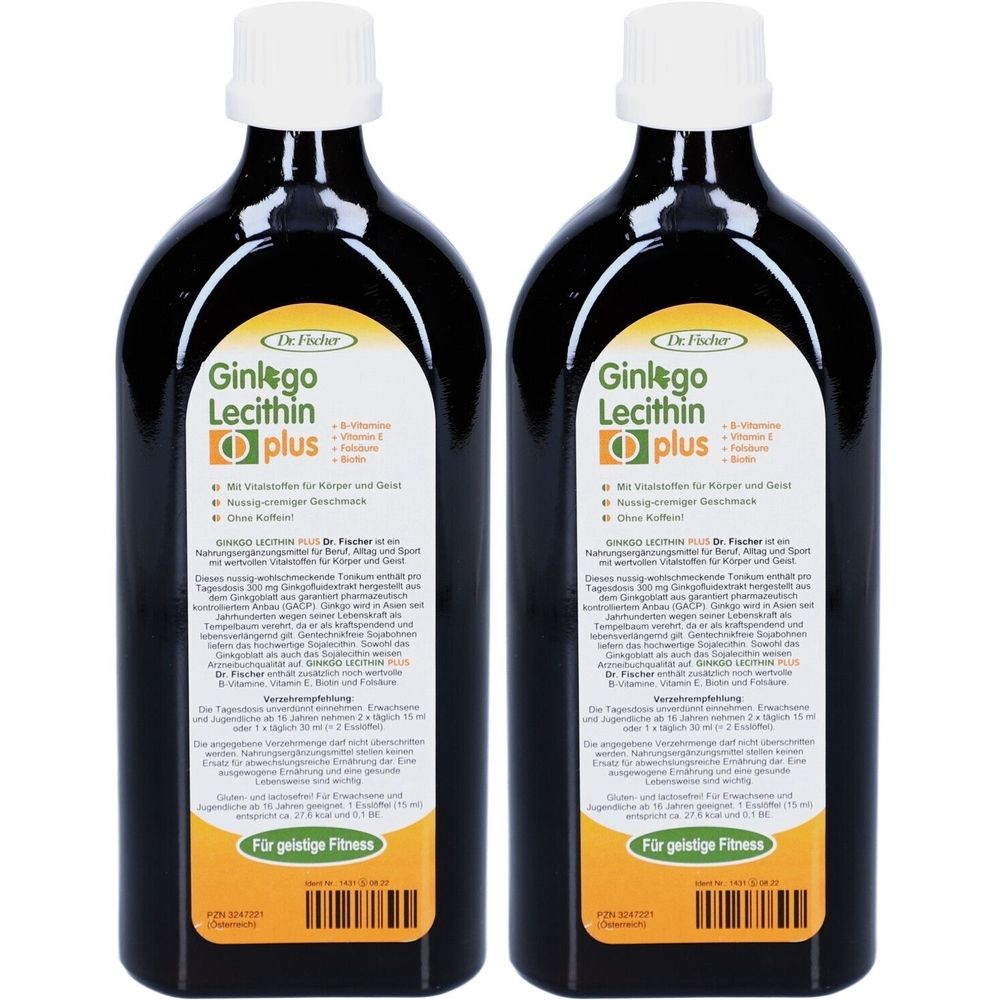 Zwei Flaschen Ginkgo Lecithin plus. Schwarze Flaschen mit weißem Deckel. Etikett mit Produktinformationen und dem Logo.