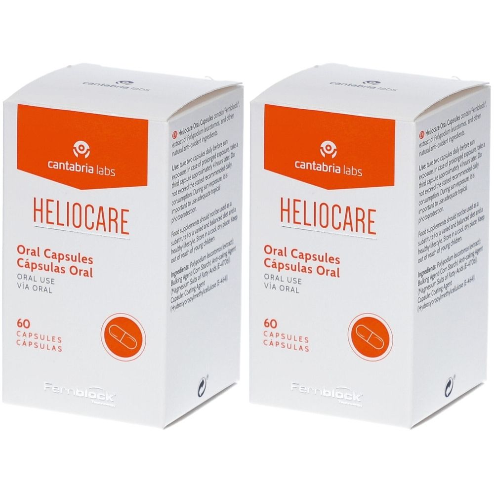 Zwei weiße Kartons mit der Aufschrift HELIOCARE. Aufschrift: Oral Capsules, 60 Kapseln. Marke: Cantabria Labs.