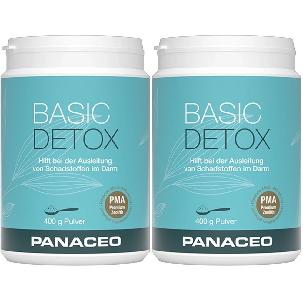 Zwei weiße Dosen mit blauem Etikett. Aufschrift: BASIC DETOX, PANACEO, 400 g Pulver. Mit PMA-Zeolith-Siegel.