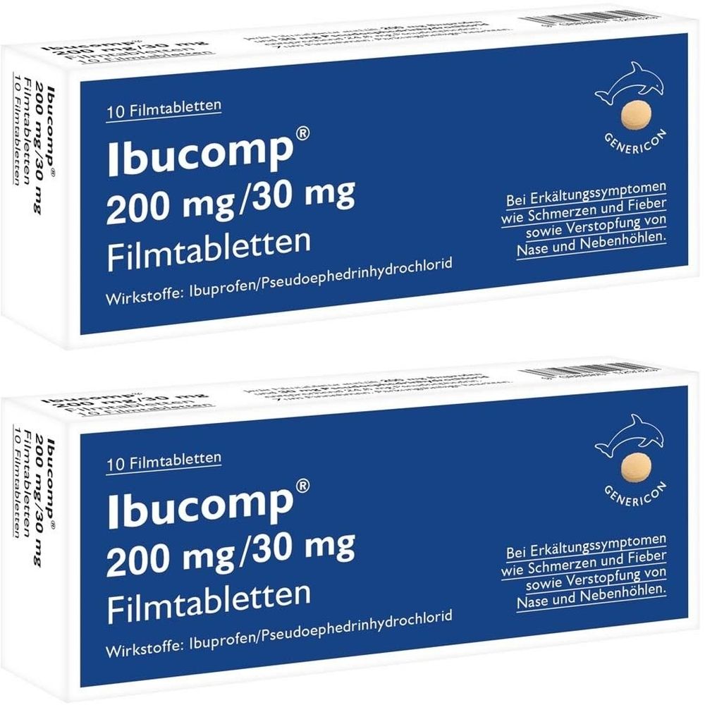 Zwei Packungen Ibucomp® Filmtabletten. Blaue Verpackung mit weißer Schrift. Enthält 10 Tabletten. Angaben zu Wirkstoffen und Anwendungsgebieten.