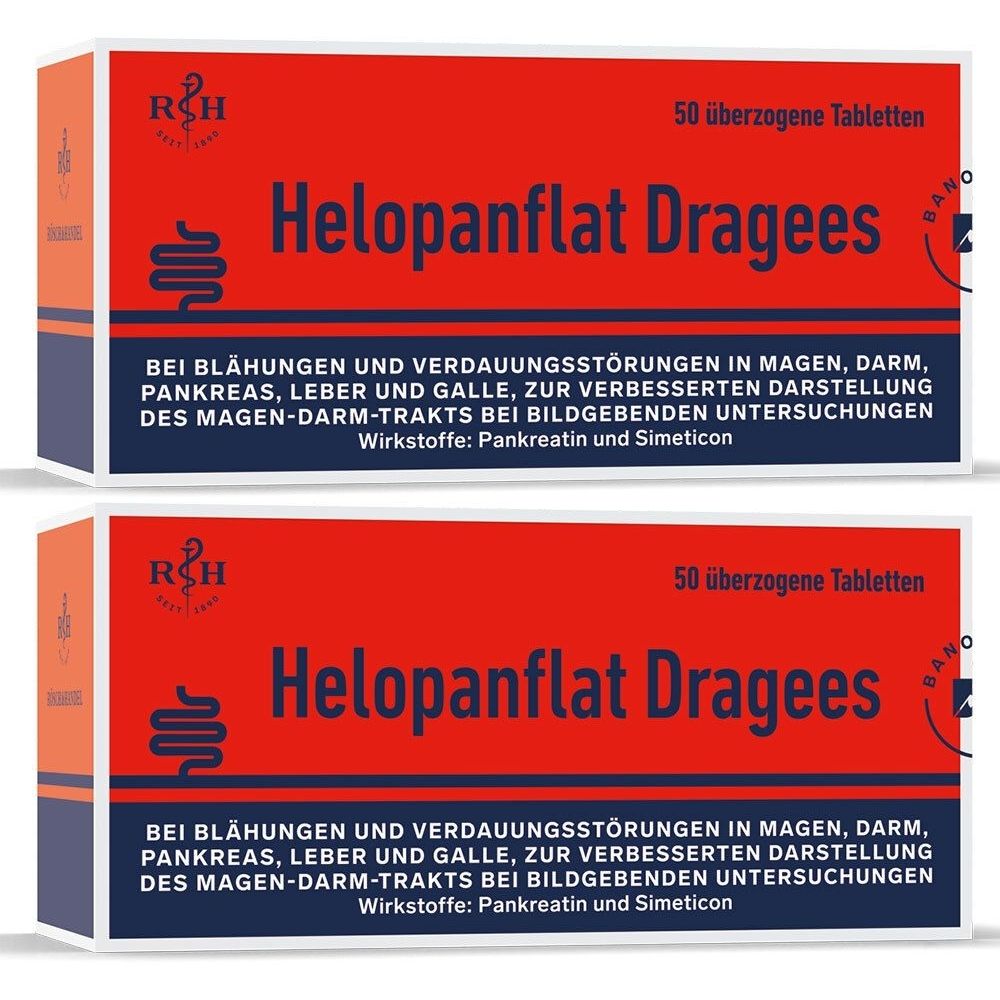 Zwei Schachteln Helopanflat Dragees. Rote Verpackung mit weißer Schrift. Enthält 50 überzogene Tabletten. Text: Bei Blähungen und Verdauungsstörungen.