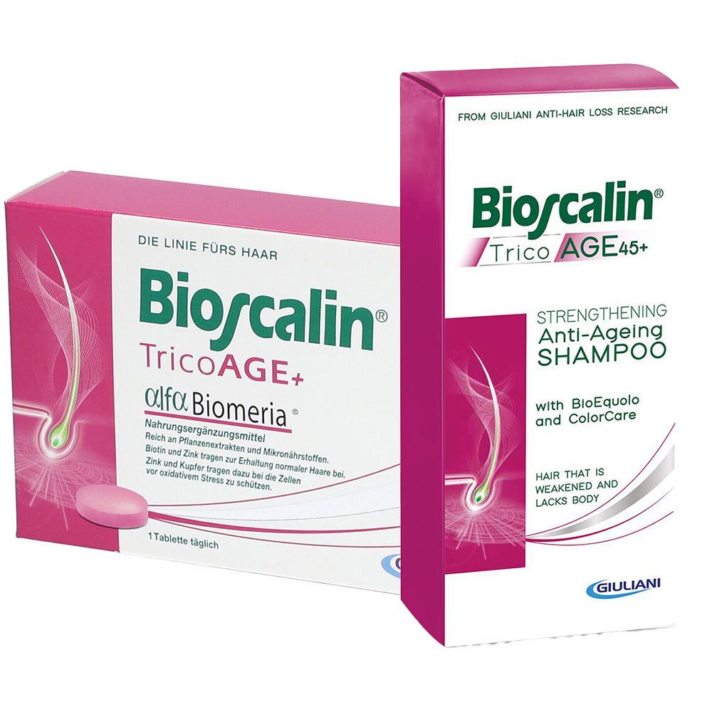 Zwei Verpackungen von Bioscalin-Produkten. Links eine Schachtel mit Tabletten, rechts eine Shampoo-Flasche. Beide zeigen den Markennamen und Produktbezeichnungen.