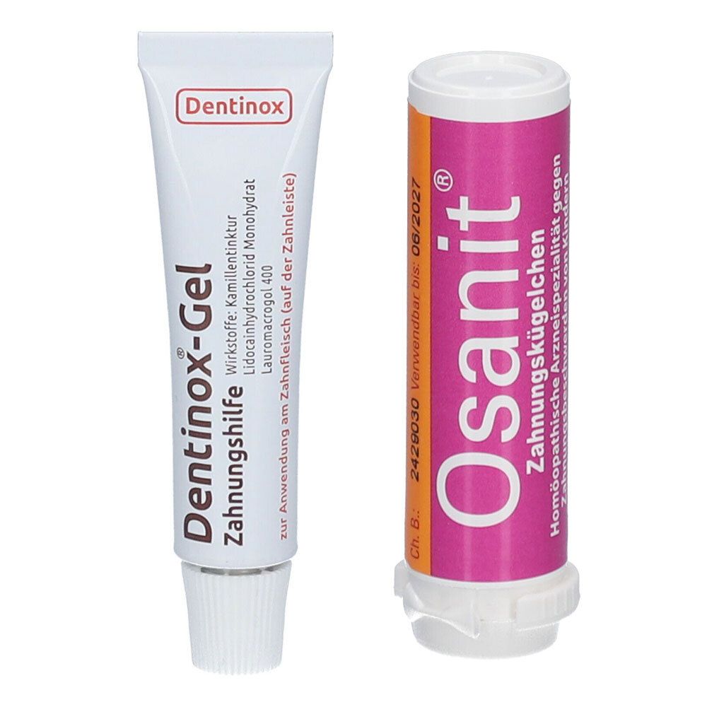 Zwei Produkte: Dentinox-Gel und Osanit Zahnungskügelchen. Dentinox-Gel in Tube, Osanit in zylindrischer Dose, beide mit Text.