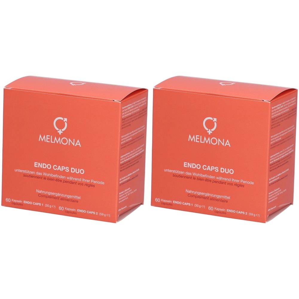 Zwei orangefarbene Kartons mit der Aufschrift MELMONA ENDO CAPS DUO. Aufschrift in Deutsch und Französisch. 60 Kapseln pro Packung.