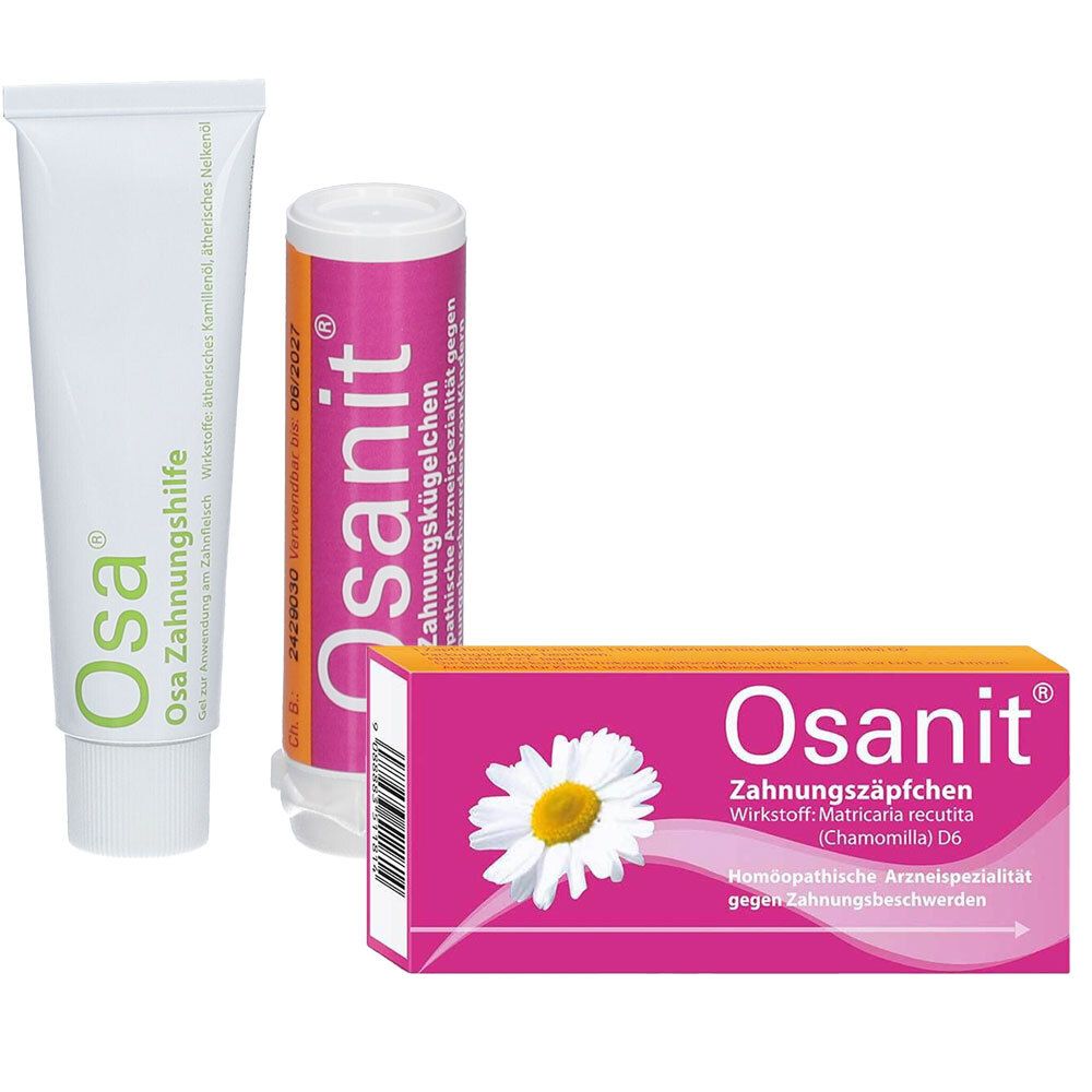 Drei Produkte: Osa Zahnungshilfe Gel, Osanit Zahnungskügelchen und Osanit Zahnungszäpfchen. Verpackungen in Weiß, Pink und Orange.