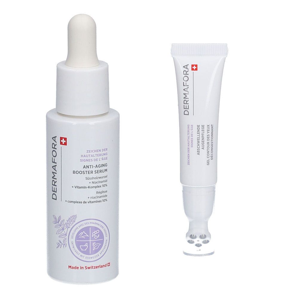 Zwei weiße Flaschen. Links: Serum mit Pipette. Rechts: Augenpflege mit Roll-on-Applikator. Beide mit DERMAFORA-Logo und Text.