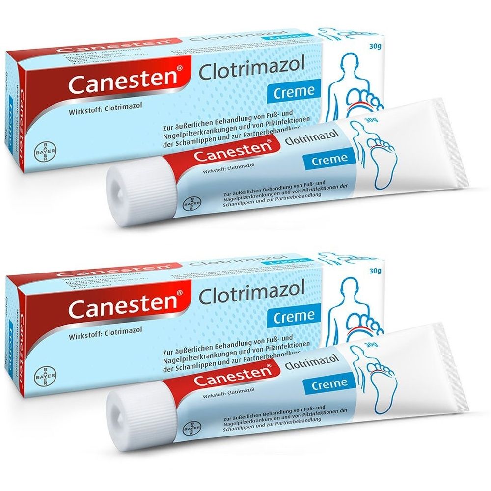 Zwei Packungen und Tuben Canesten Clotrimazol Creme. Rote und blaue Verpackung mit Produktnamen und Inhaltsstoffen. Fuß-Illustration.