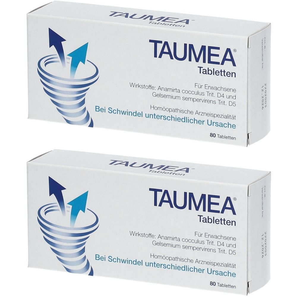 Zwei weiße Schachteln mit der Aufschrift TAUMEA Tabletten. Auf der Verpackung sind blaue Pfeile und Produktinformationen abgebildet.